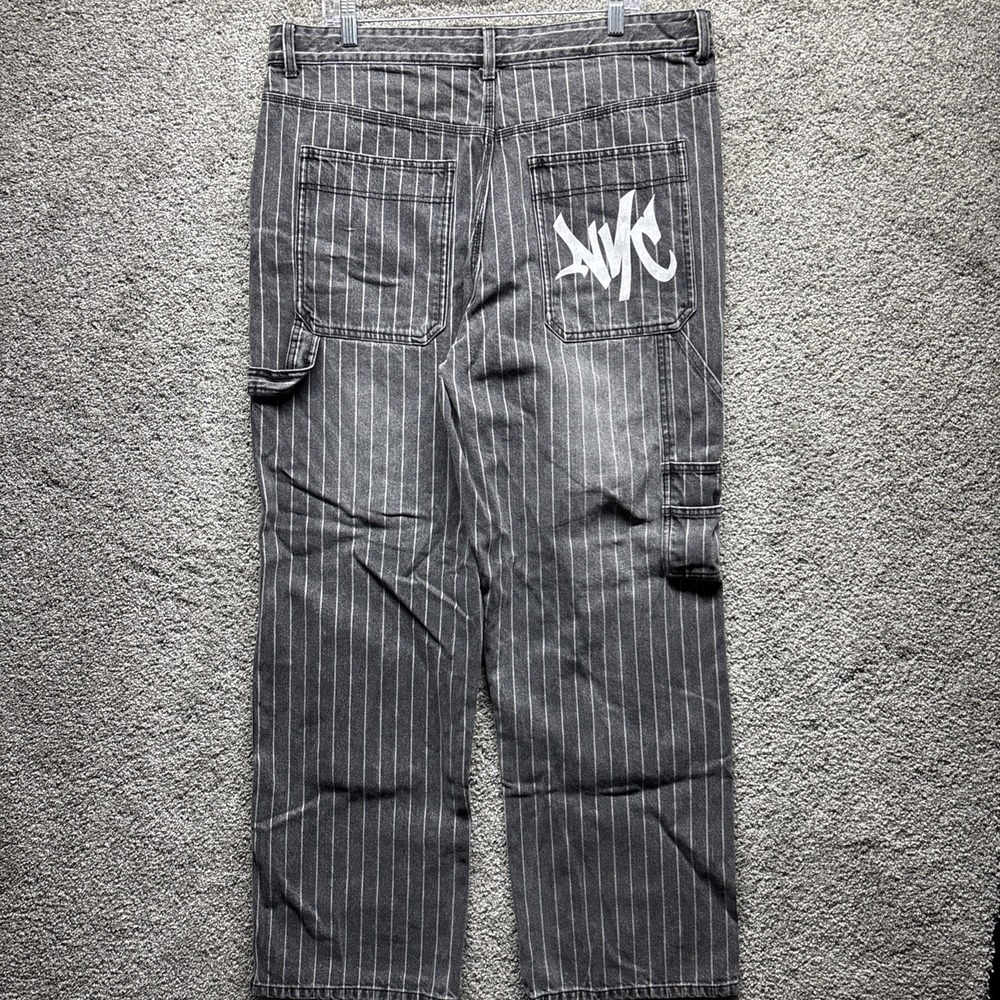 Bershka Jeans Mens 36x32 Black Striped NYC 90s Carpenter Baggy JNCO Wide Leg VTG